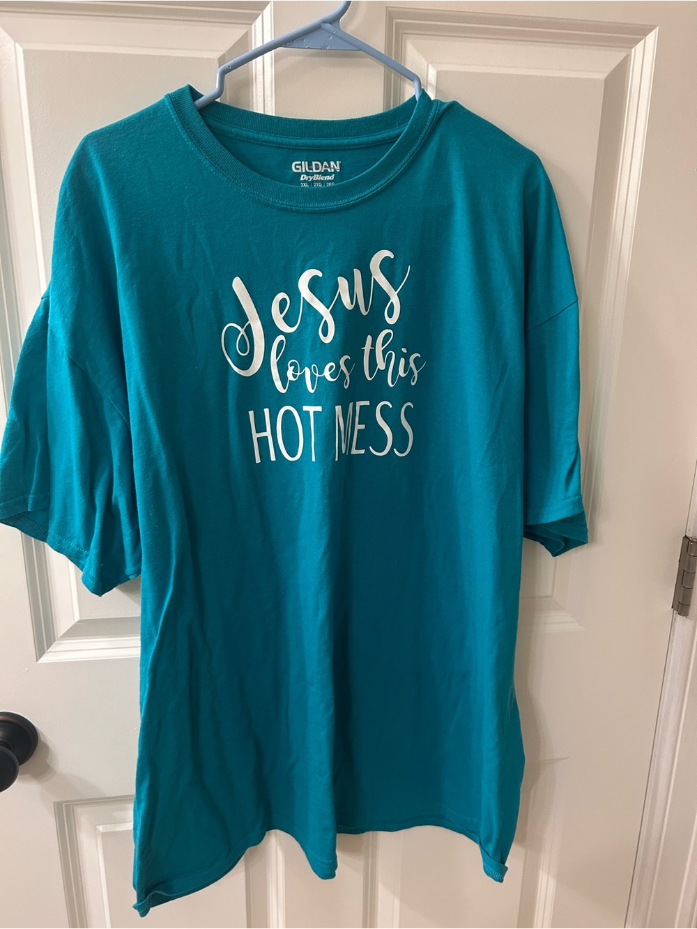 Women’s Gildan Teal DryBlend Graphic Tee with White Print Size 2XL